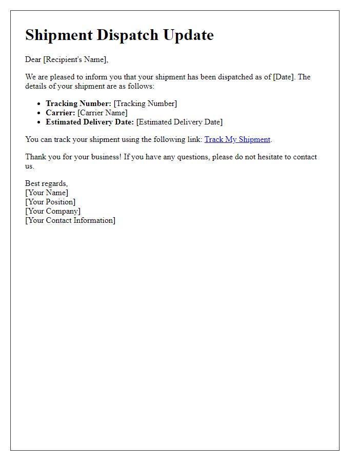 Letter template of shipment dispatch update