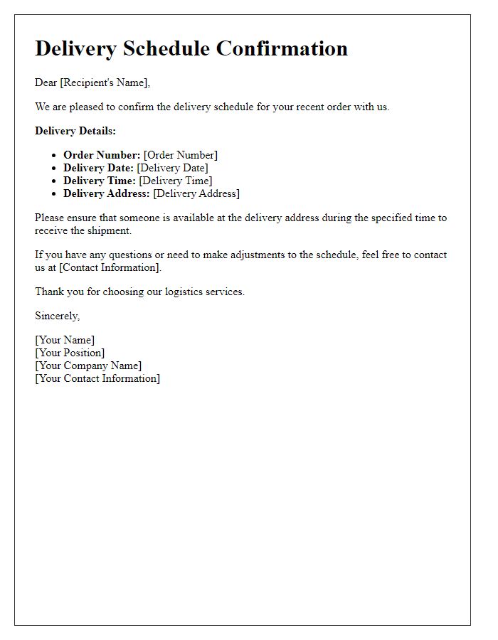 Letter template of delivery schedule confirmation for logistics service