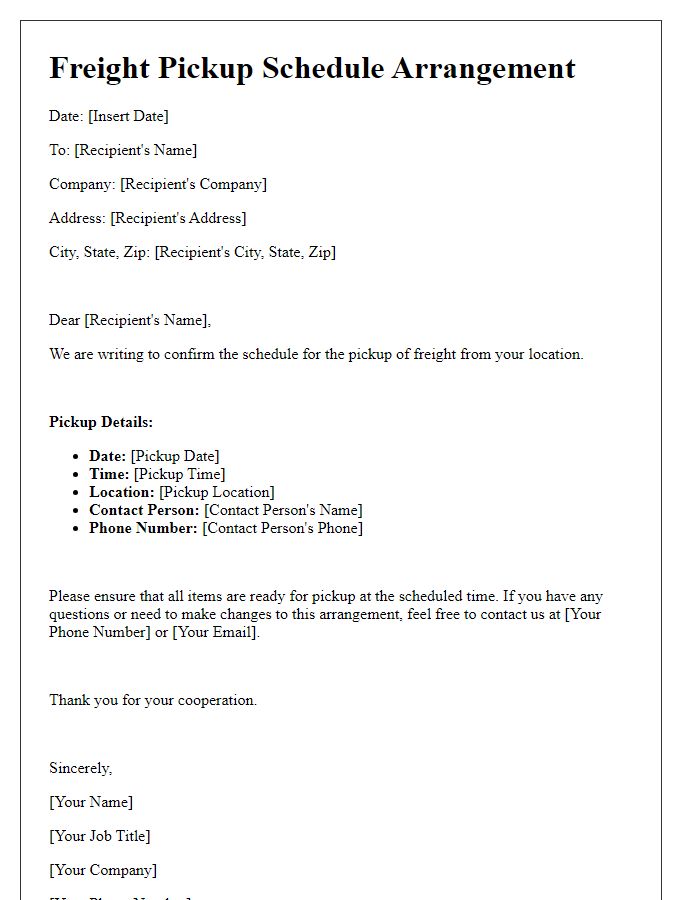 Letter template of freight pickup schedule arrangement