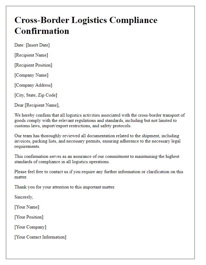 Letter template of cross-border logistics compliance confirmation