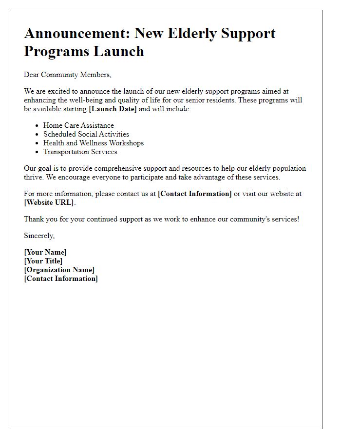 Letter template of announcement for the launch of new elderly support programs