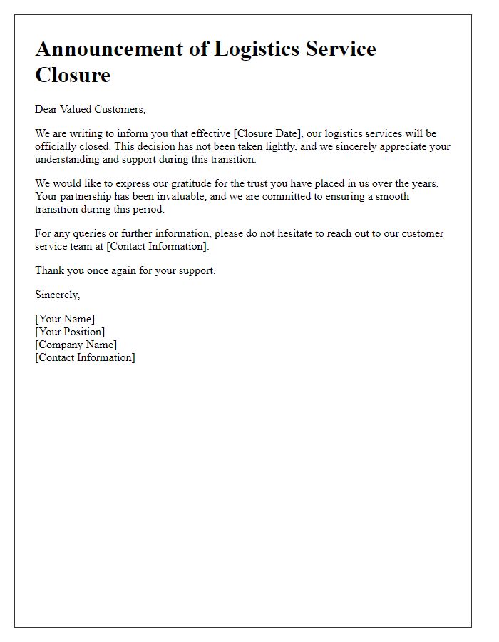 Letter template of logistics service closure announcement