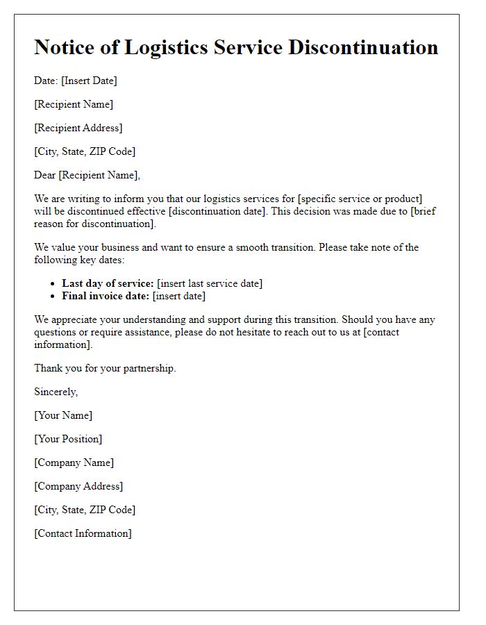 Letter template of logistics service discontinuation notice