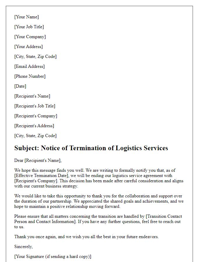 Letter template of logistics service ending letter