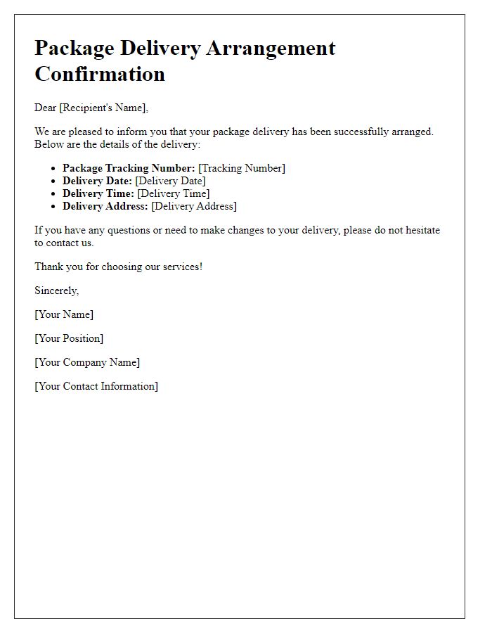 Letter template of package delivery arrangement confirmation