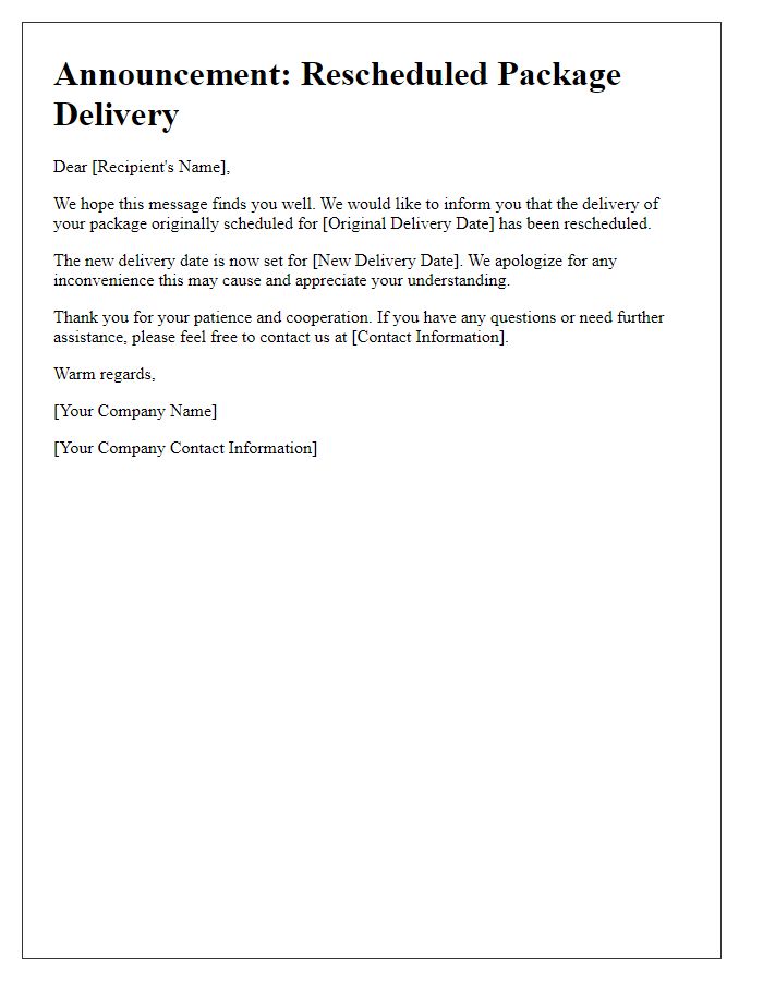 Letter template of rescheduled package delivery announcement