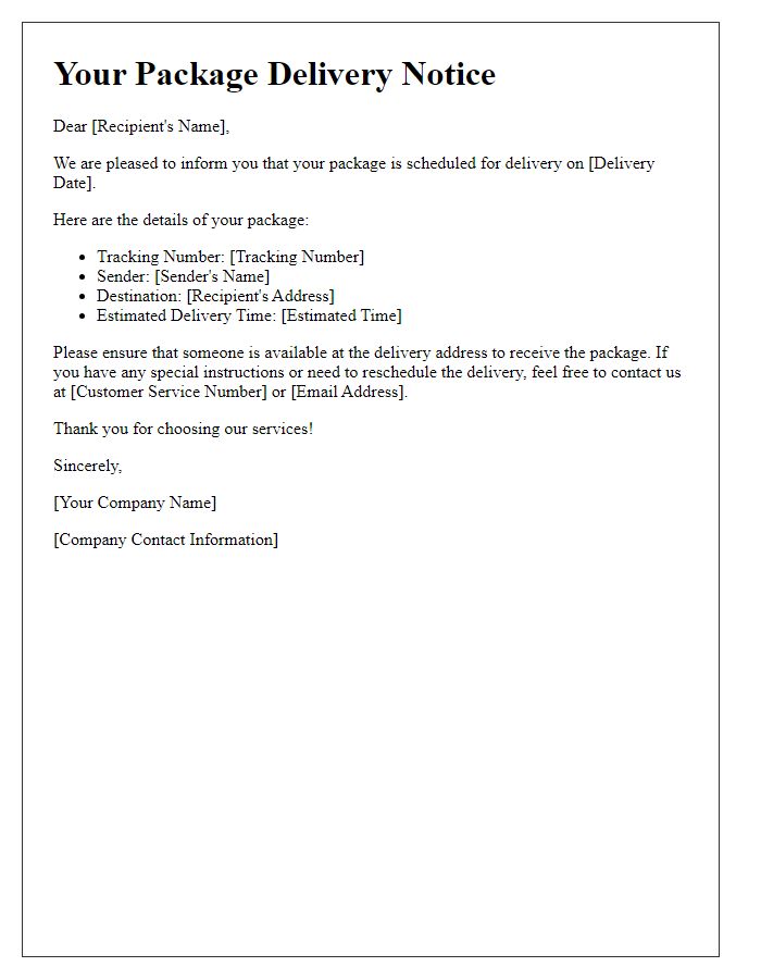 Letter template of scheduled package delivery notice