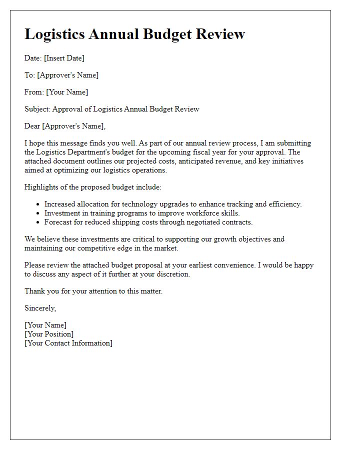 Letter template of logistics annual budget review for approval