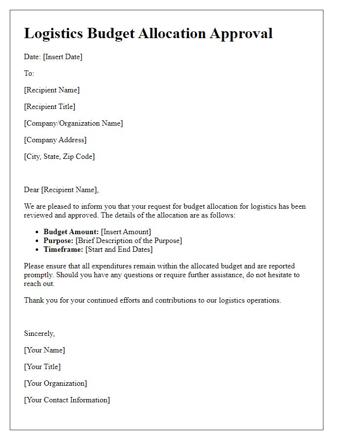 Letter template of logistics budget allocation approval