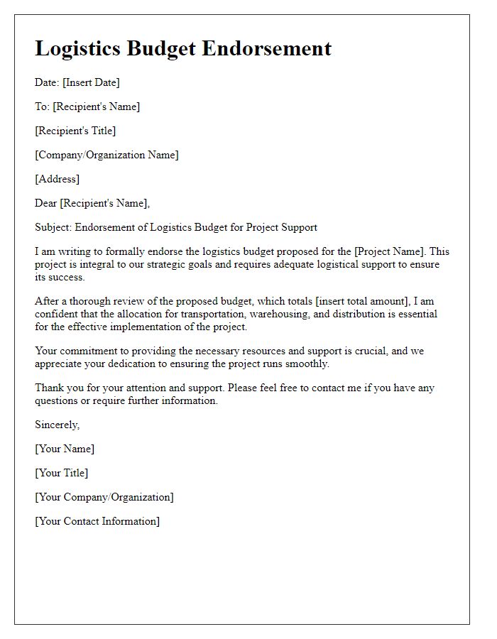 Letter template of logistics budget endorsement for project support