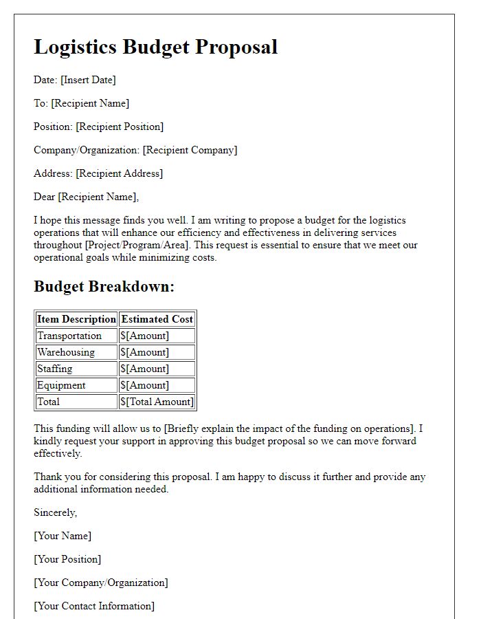 Letter template of logistics budget proposal for funding