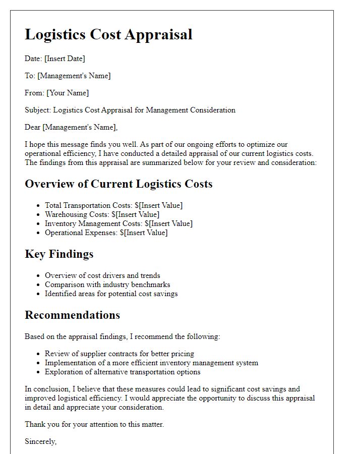 Letter template of logistics cost appraisal for management consideration