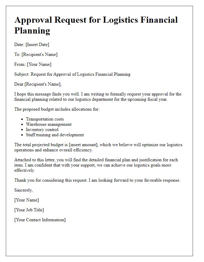 Letter template of logistics financial planning approval request