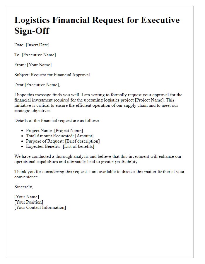 Letter template of logistics financial request for executive sign-off