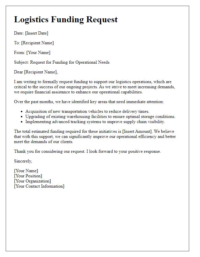 Letter template of logistics funding request for operational needs