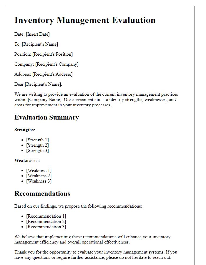 Letter template of inventory management evaluation