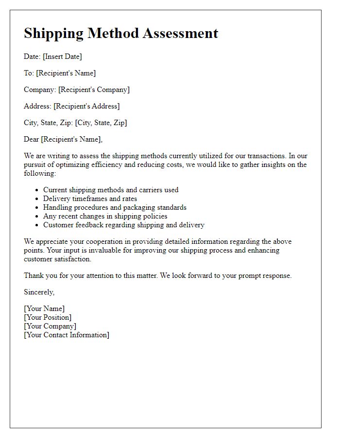 Letter template of shipping method assessment