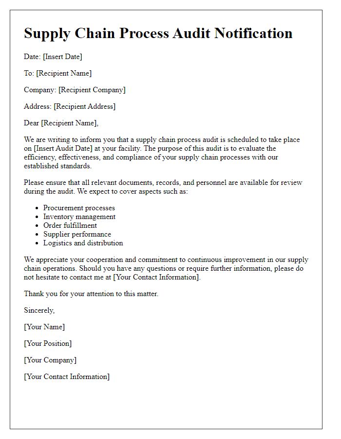 Letter template of supply chain process audit