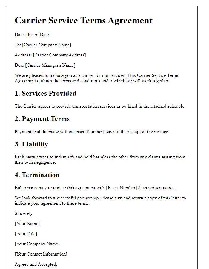 Letter template of Carrier Service Terms Agreement