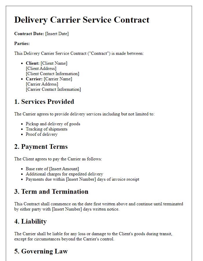 Letter template of Delivery Carrier Service Contract