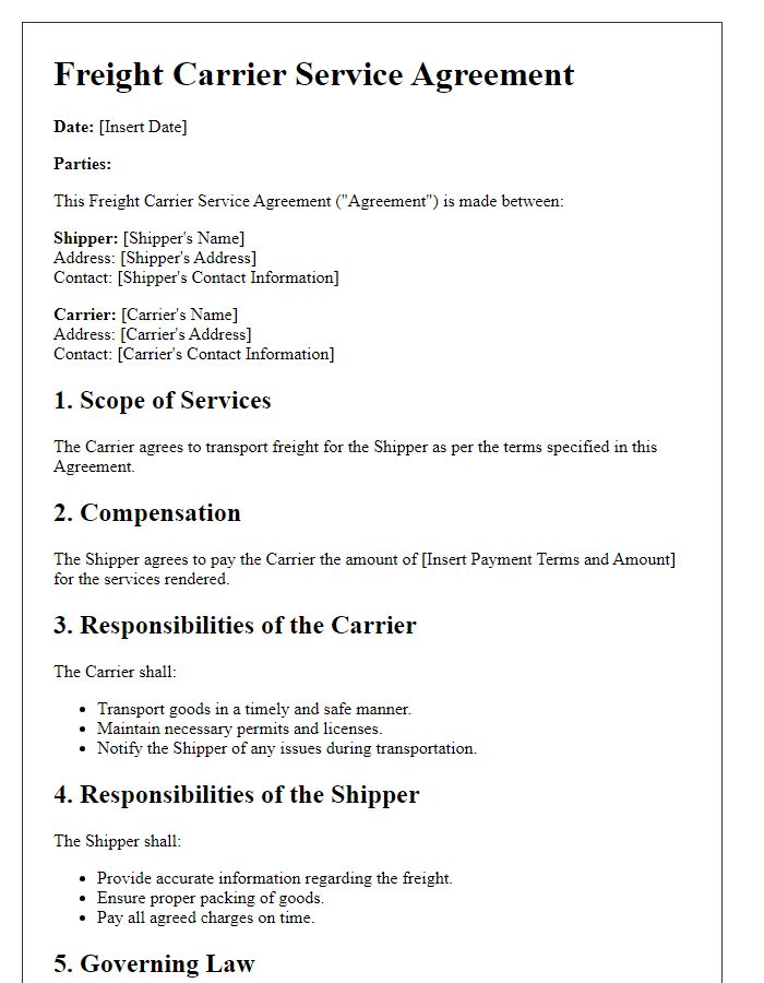 Letter template of Freight Carrier Service Agreement