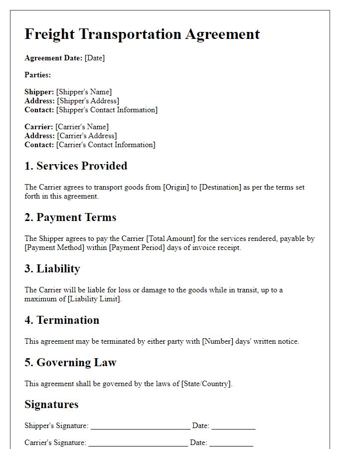 Letter template of Freight Transportation Agreement