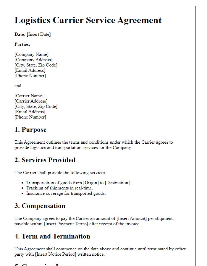 Letter template of Logistics Carrier Service Agreement