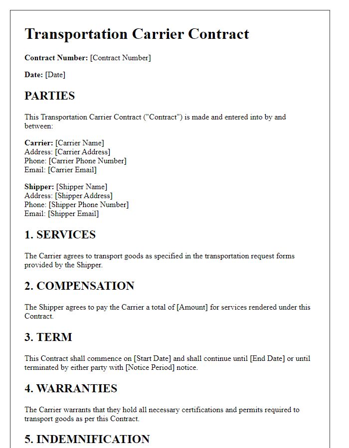 Letter template of Transportation Carrier Contract