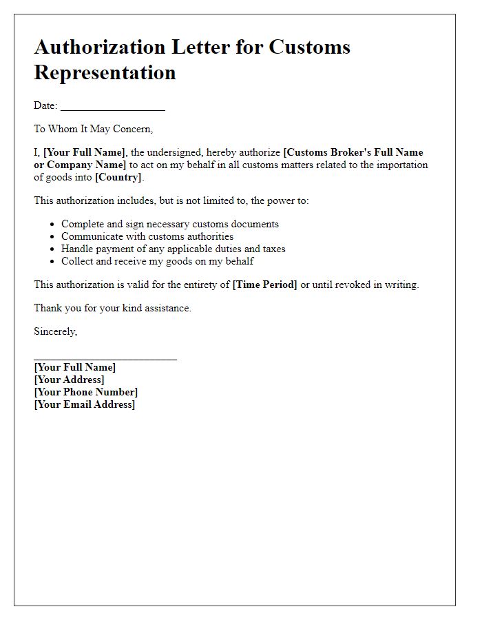 Letter template of authorization for customs representation