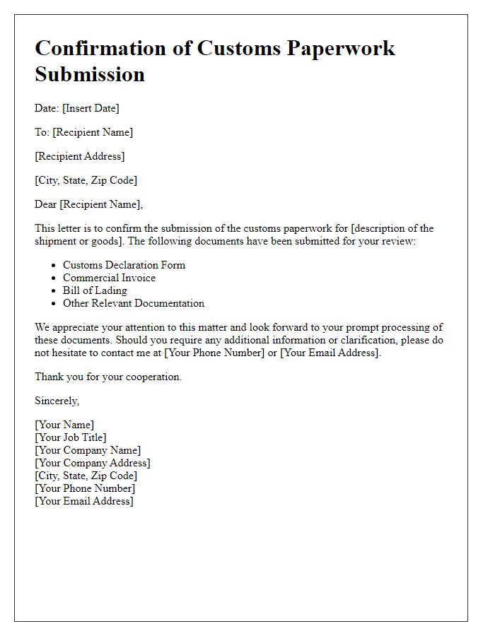 Letter template of confirmation for customs paperwork submission