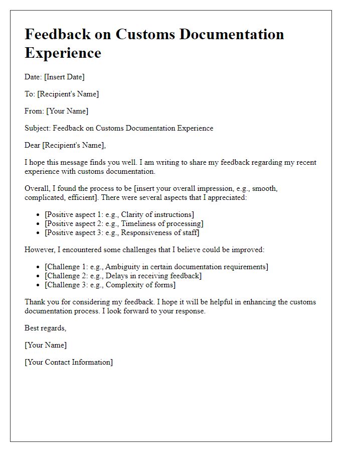 Letter template of feedback on customs documentation experience