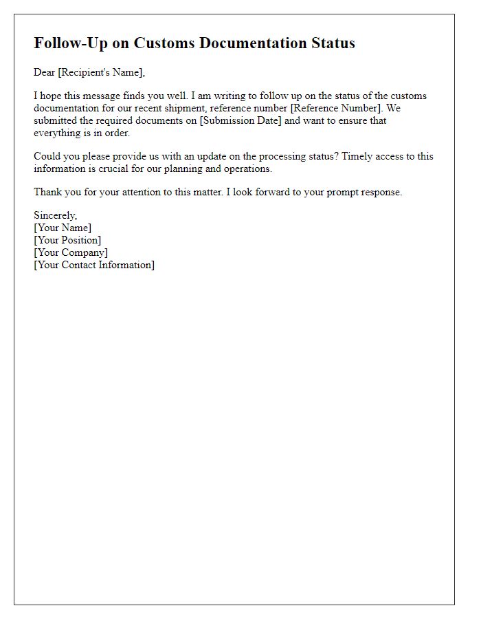 Letter template of follow-up on customs documentation status