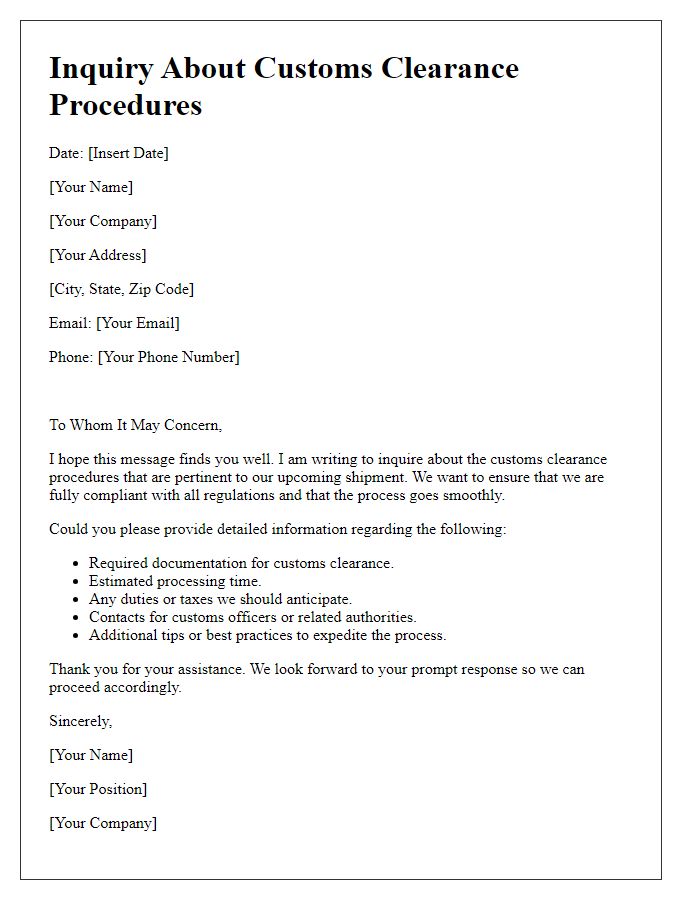 Letter template of inquiry about customs clearance procedures