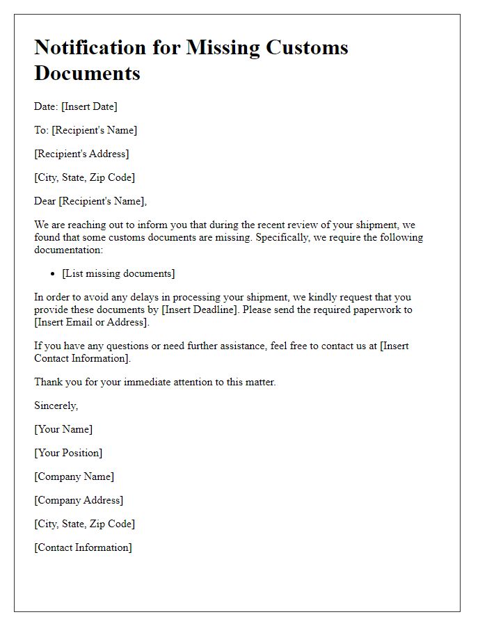 Letter template of notification for missing customs documents