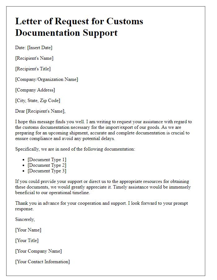 Letter template of request for customs documentation support