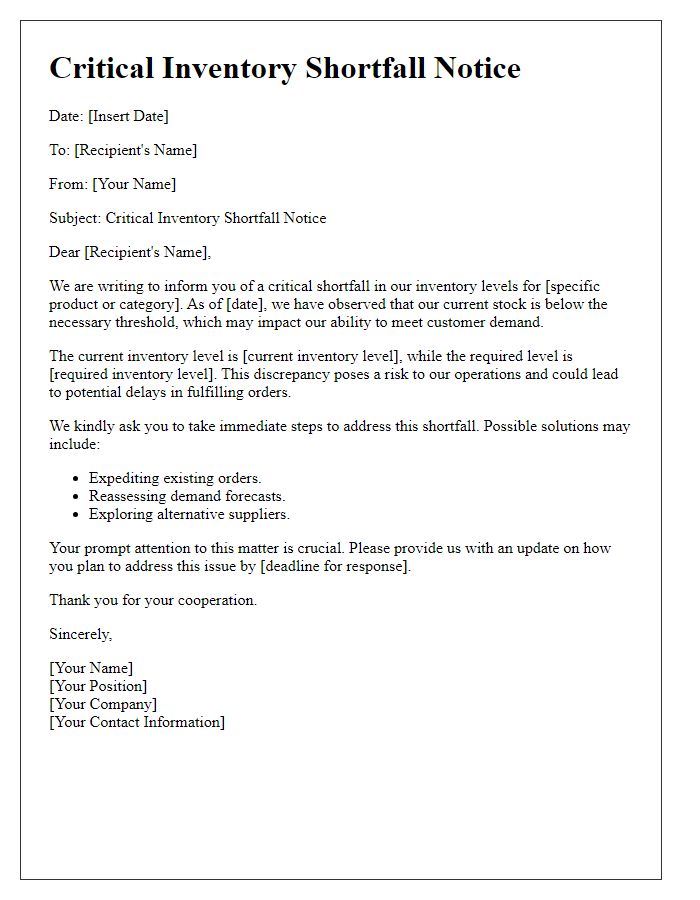 Letter template of Critical Inventory Shortfall Notice