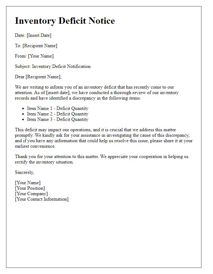 Letter template of Inventory Deficit Communication