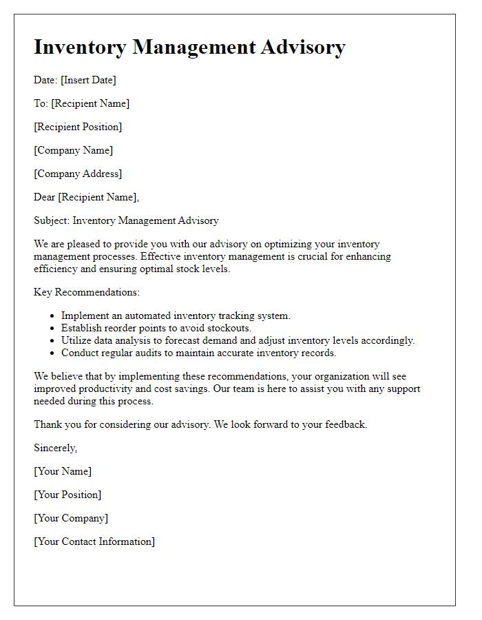 Letter template of Inventory Management Advisory