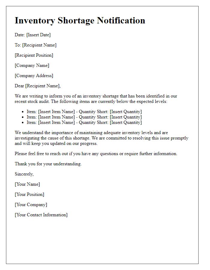 Letter template of Inventory Shortage Notification