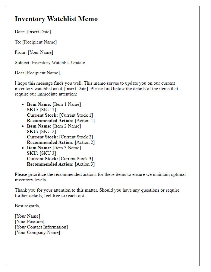 Letter template of Inventory Watchlist Memo