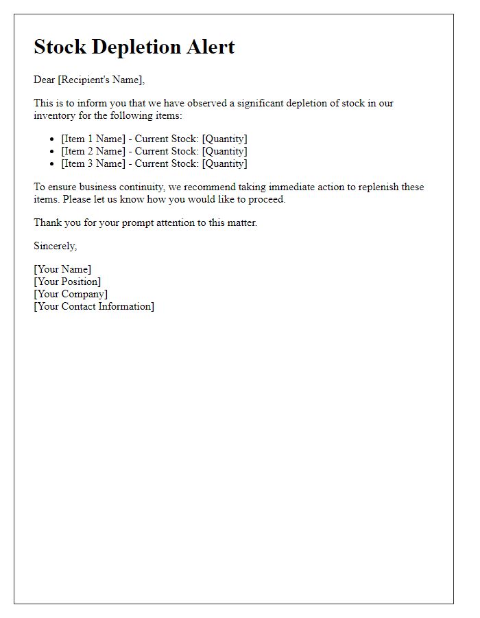 Letter template of Stock Depletion Alert