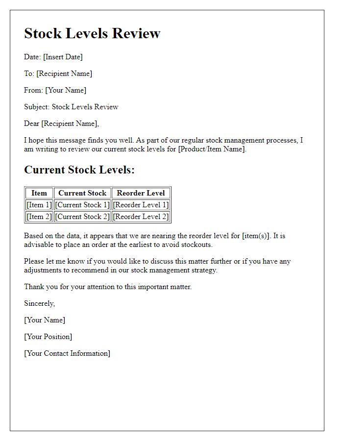 Letter template of Stock Levels Review