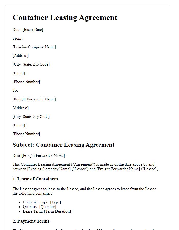 Letter template of Container Leasing Agreement for Freight Forwarding Services