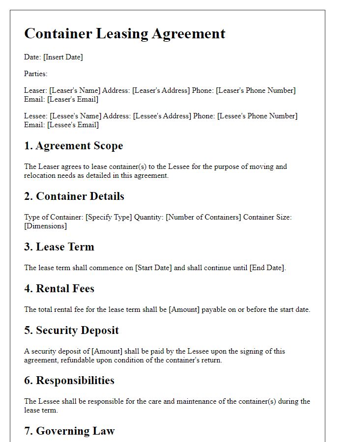 Letter template of Container Leasing Agreement for Moving and Relocation Needs