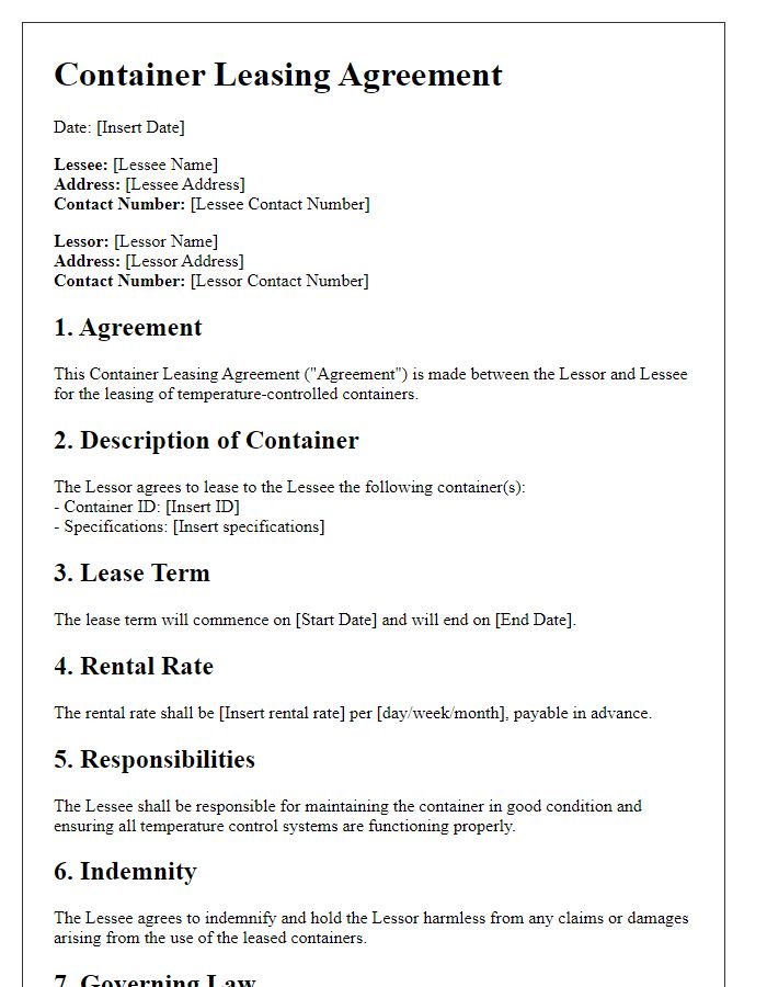 Letter template of Container Leasing Agreement for Temperature-Controlled Containers