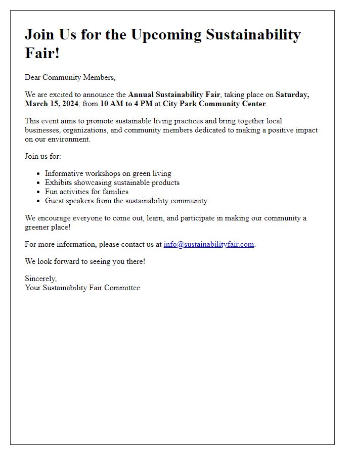 Letter template of announcement for an upcoming sustainability fair.