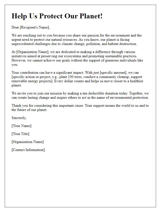 Letter template of fundraising appeal for environmental protection.