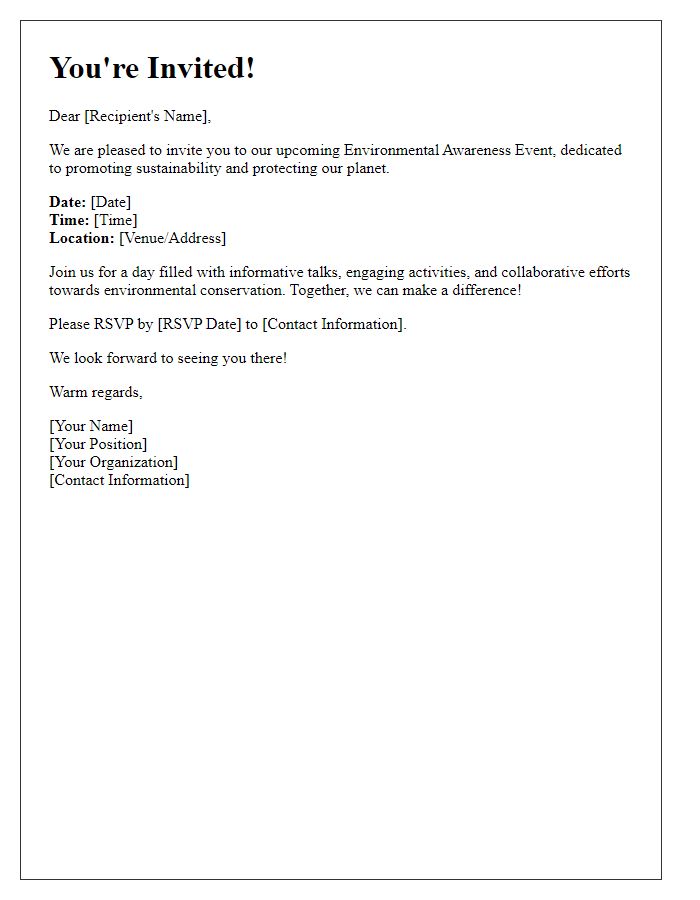 Letter template of invitation for an environmental awareness event.