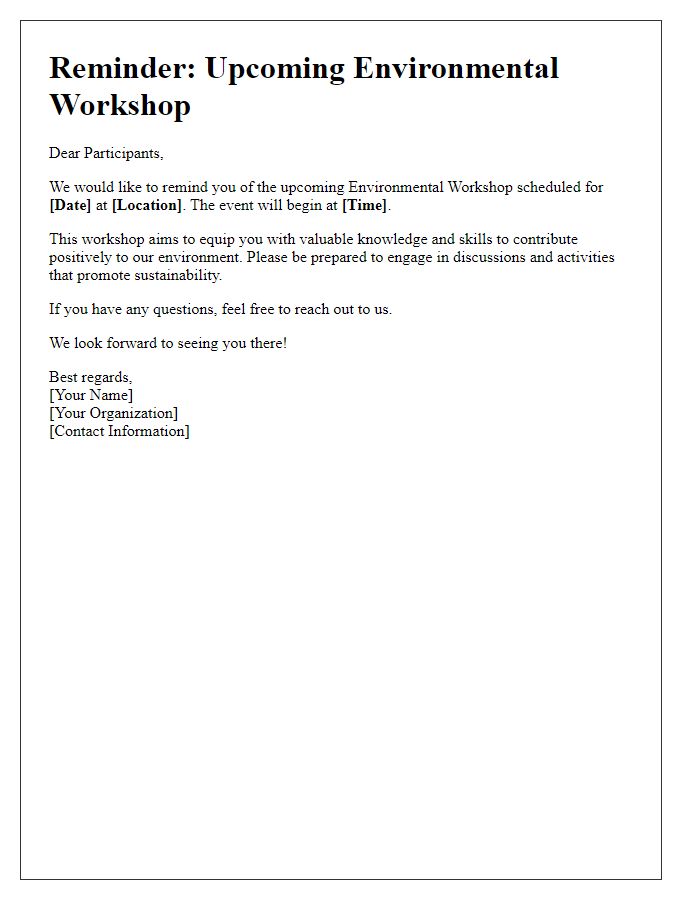 Letter template of reminder for participants of an environmental workshop.