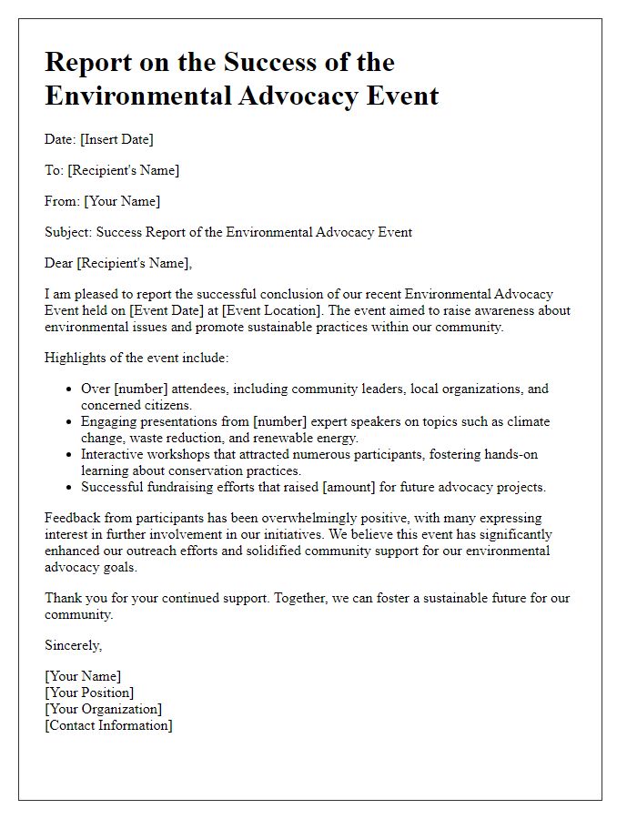 Letter template of report on the success of an environmental advocacy event.